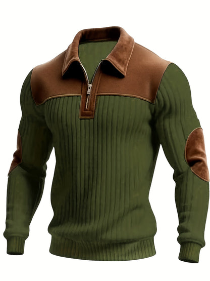 Herren Rippstrick Pullover mit Reißverschlusskragen und Kontrastdetails