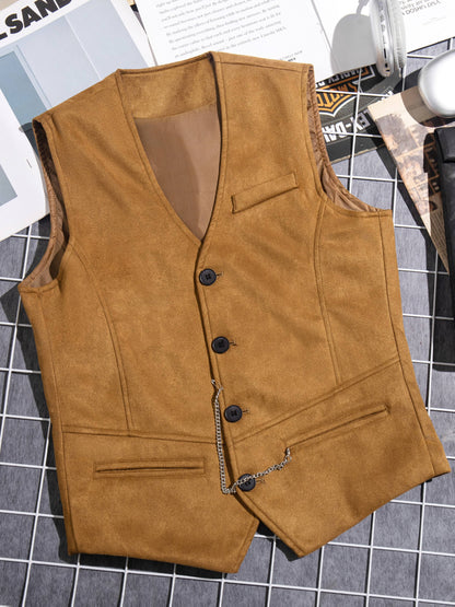 Men's vest with V-neck, button placket, and chain detail