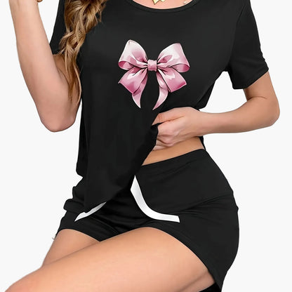 Women's pajama set with bow print, short sleeves, summer, loungewear, casual style