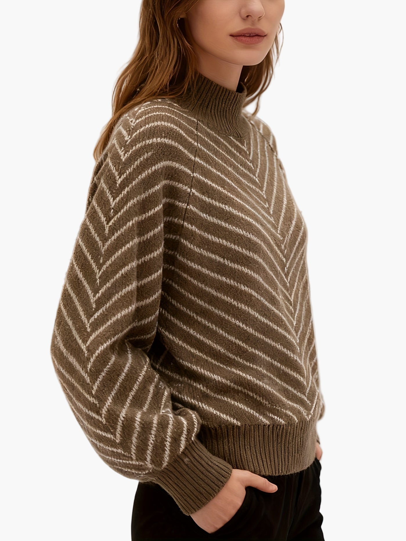 Women's knitted sweater with stripe pattern and stand-up collar – Elegant autumn/winter sweater