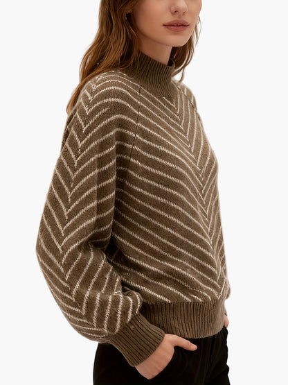 Women's knitted sweater with stripe pattern and stand-up collar – Elegant autumn/winter sweater