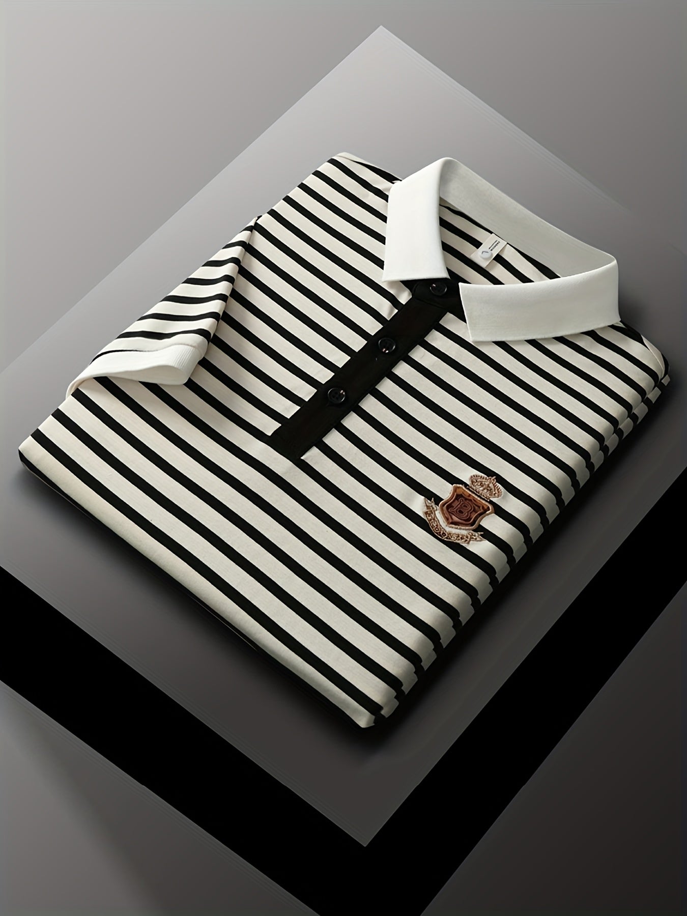 Men's Polo Shirt with Stripe Pattern and Chest Emblem – Classic, Short Sleeve, Smart-Casual for Leisure and Office