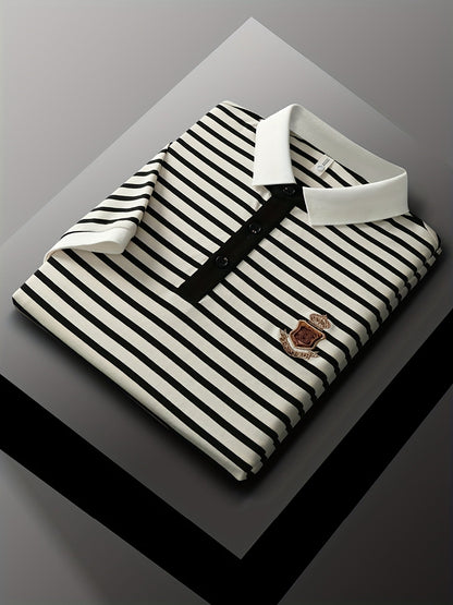 Men's Polo Shirt with Stripe Pattern and Chest Emblem – Classic, Short Sleeve, Smart-Casual for Leisure and Office