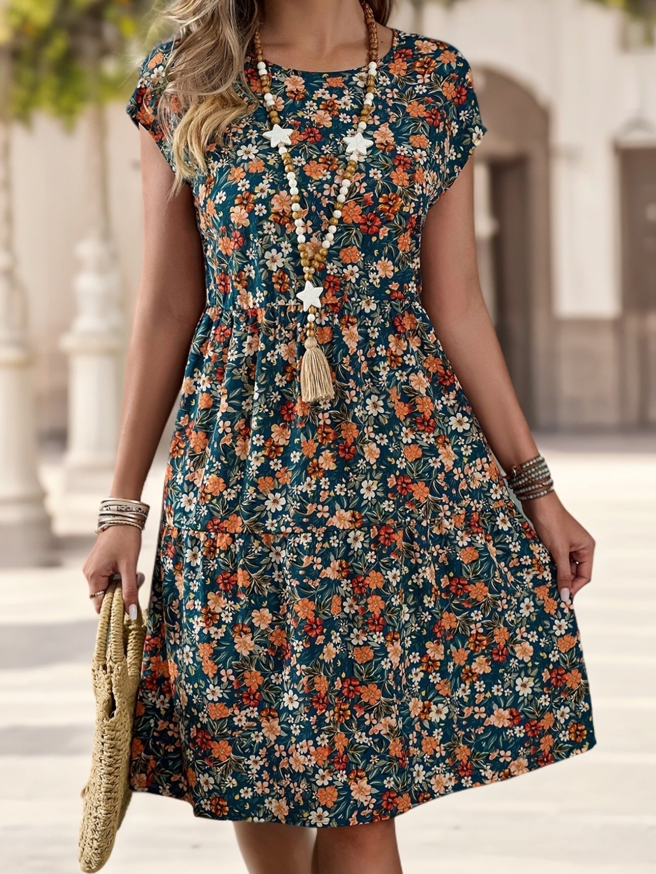 Women's summer dress with floral pattern – casual & vacation, A-line dress, knee-length, short sleeve