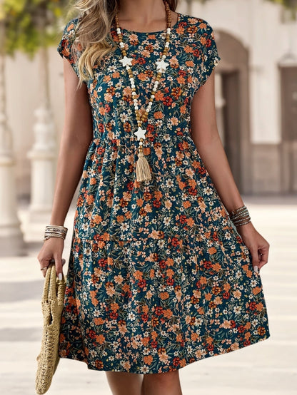 Women's summer dress with floral pattern – casual & vacation, A-line dress, knee-length, short sleeve