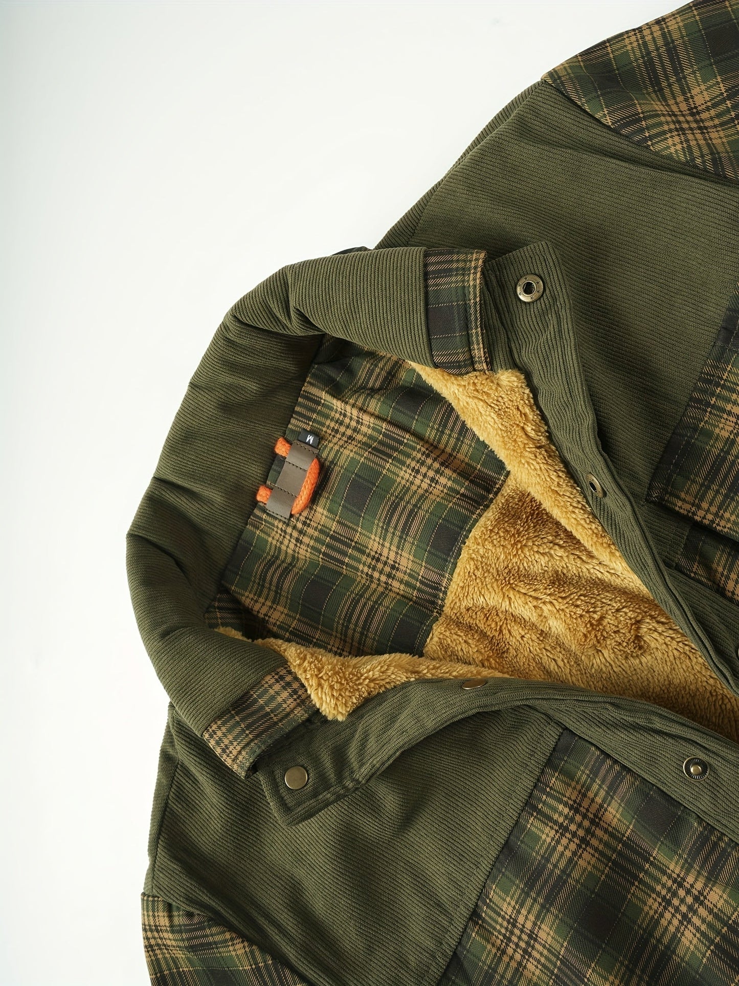 Men’s winter jacket, stand-up collar, checkered, fleece lining, green