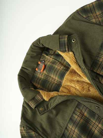 Men’s winter jacket, stand-up collar, checkered, fleece lining, green