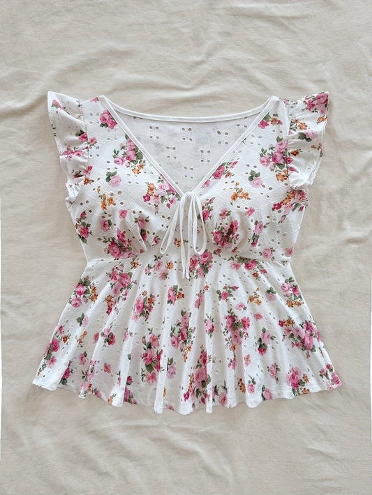 Women's Peplum Blouse with Floral Pattern and Embroidery – Romantic Cottagecore Style for Summer