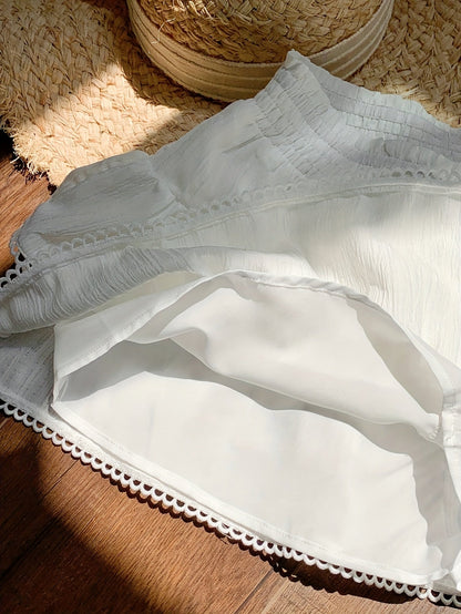 Women's summer mini skirt with ruffles and elastic waistband – Playful boho style for leisure and vacation
