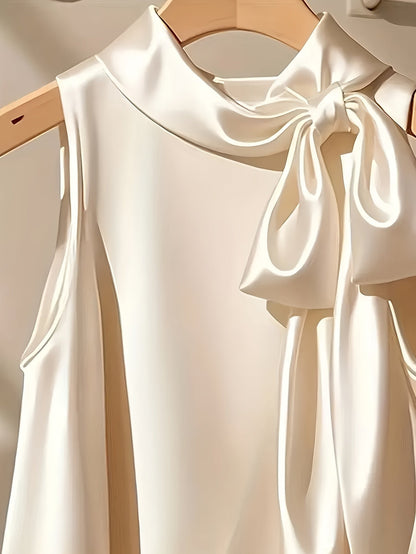 Women's Elegant Sleeveless Blouse with Bow and Stand Collar – Perfect for Going Out or Office