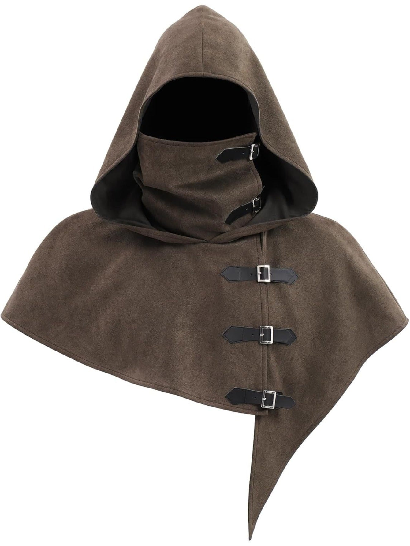 Hooded cape with buckles and neck protection