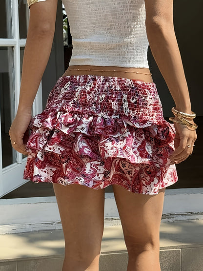 Women's Mini Skirt with Paisley Print and Ruffles – Summer, Vacation, Playful Style