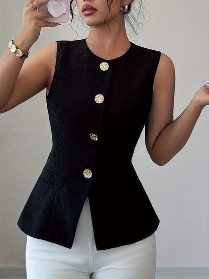 Women's Elegant Sleeveless Blouse with Gold Buttons – Business & Casual Fashion