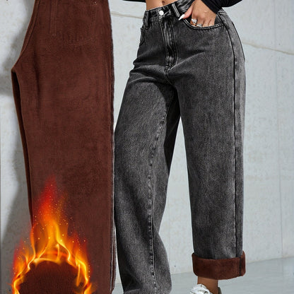 Women's wide-leg jeans with warm lining – dark gray