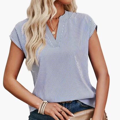 Women's Blouse Shirt with Stripe Pattern and V-Neck – Elegant Casual Style for Everyday and Office