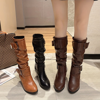 Damen Stiefel mit Schnallen und Falten-Schaft, Blockabsatz – Schwarz, Braun, Karamell
