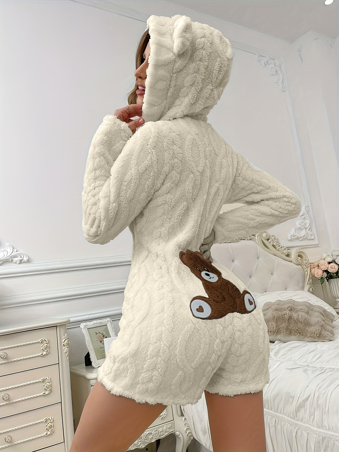 Women's plush hooded onesie pajamas with teddy bear design