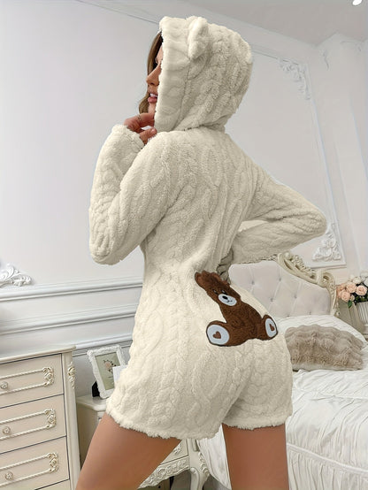 Women's plush hooded onesie pajamas with teddy bear design