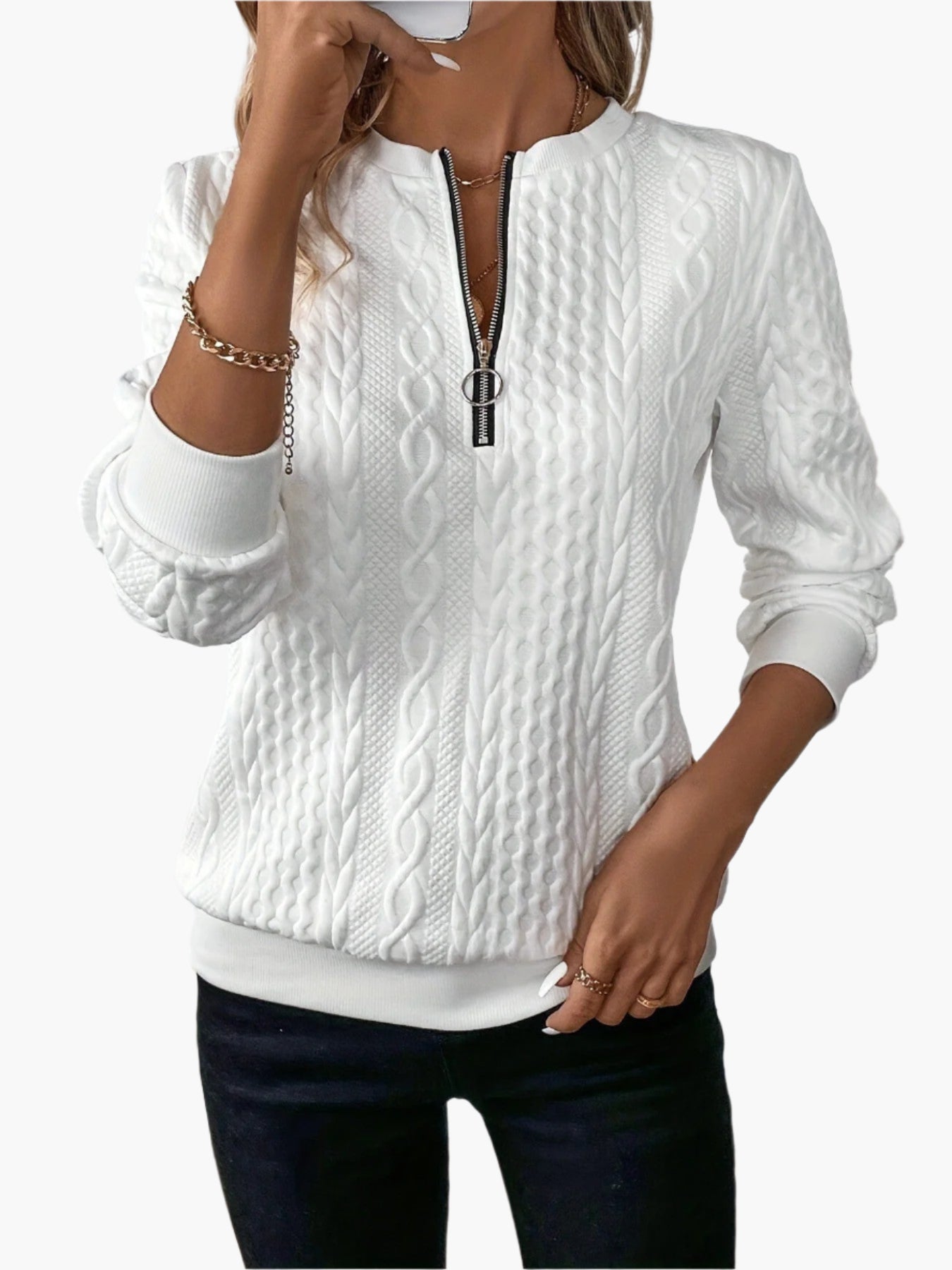 Damen Strickpullover mit Reißverschluss – Modischer Alltags-Sweater im Zopfmuster