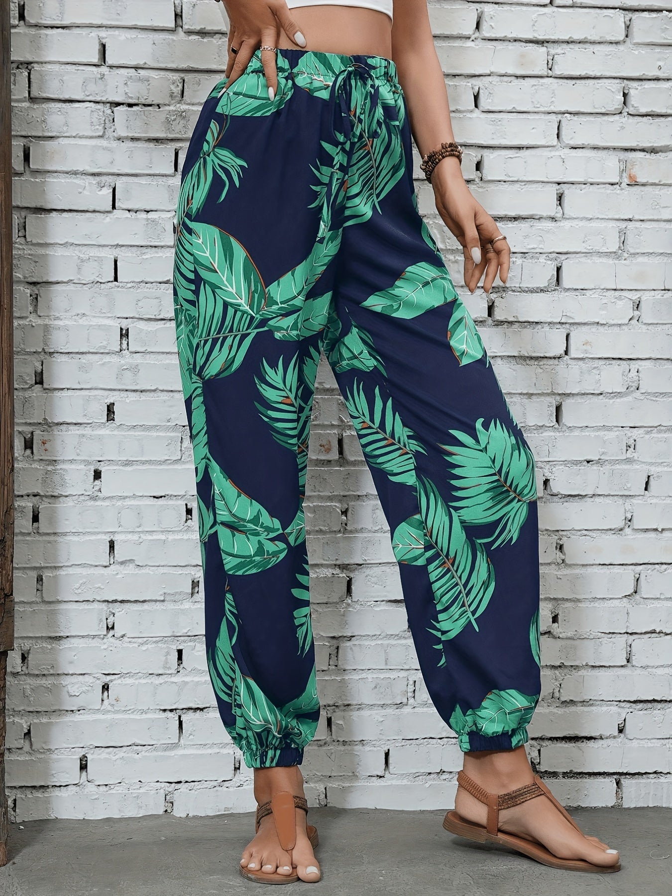 Women's Jogging Pants in Tropical Vacation Style with Plant Pattern – Perfect for Spring and Summer
