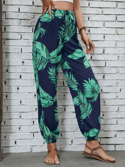 Women's Jogging Pants in Tropical Vacation Style with Plant Pattern – Perfect for Spring and Summer