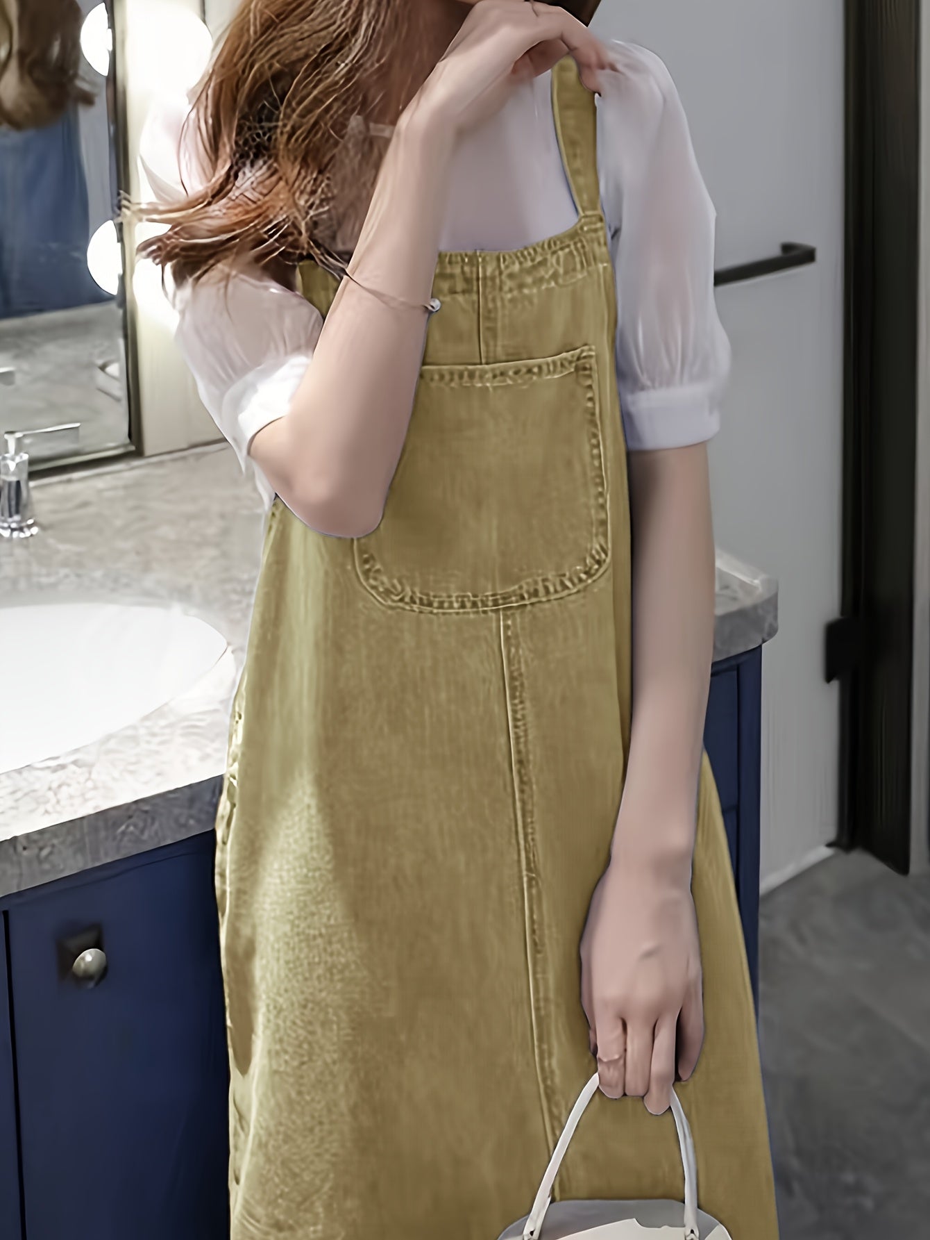 Women's Denim-Look Pinafore Midi Dress with Pocket – Fashionable Casual Dress for Everyday and City Wear
