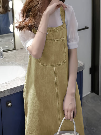 Women's Denim-Look Pinafore Midi Dress with Pocket – Fashionable Casual Dress for Everyday and City Wear