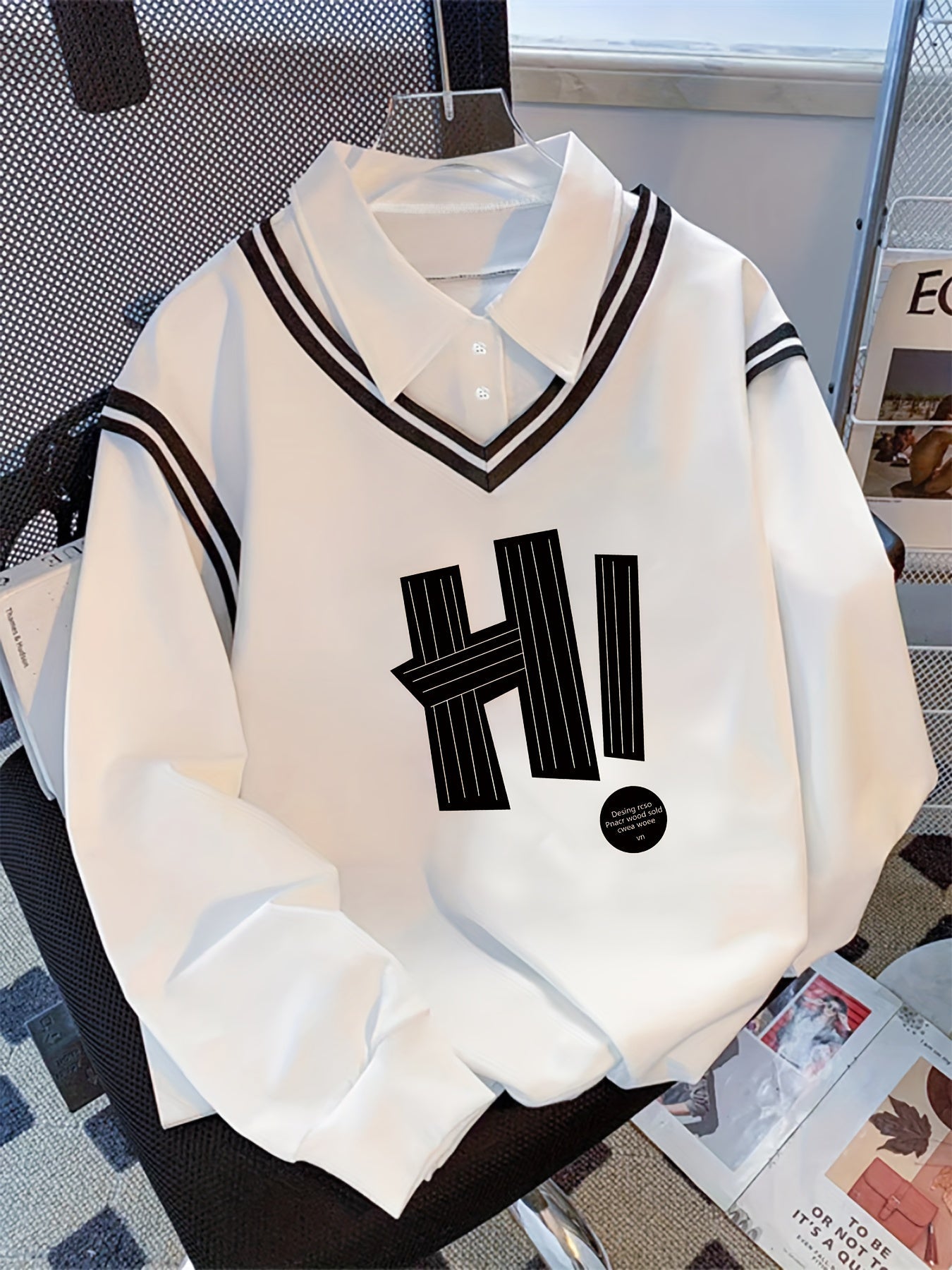 Unisex long-sleeve shirt with a V-neck, white with striped cuffs and “HI” print
