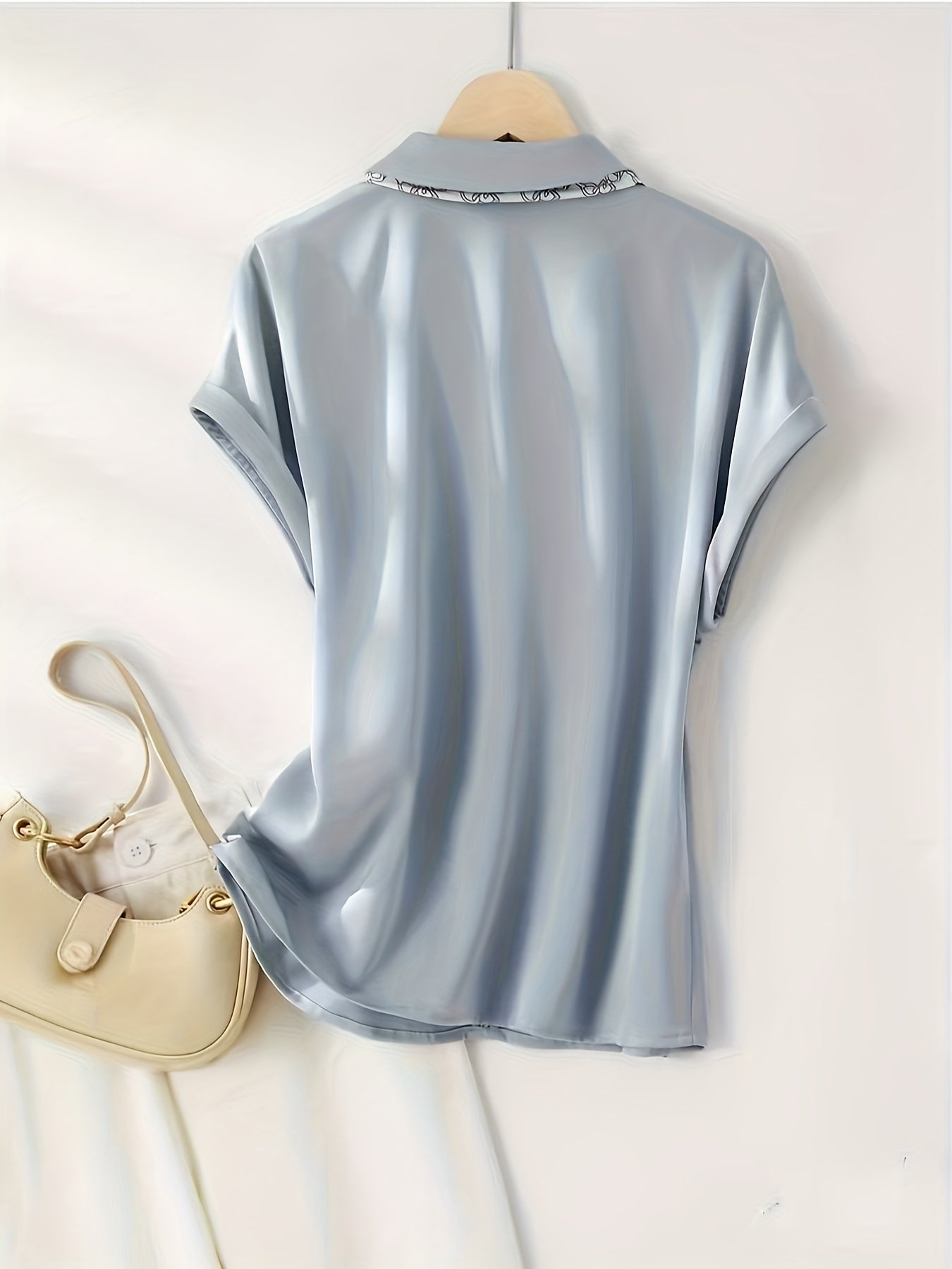 Women's blouse with short sleeves and decorative neck scarf – Elegant business and casual style