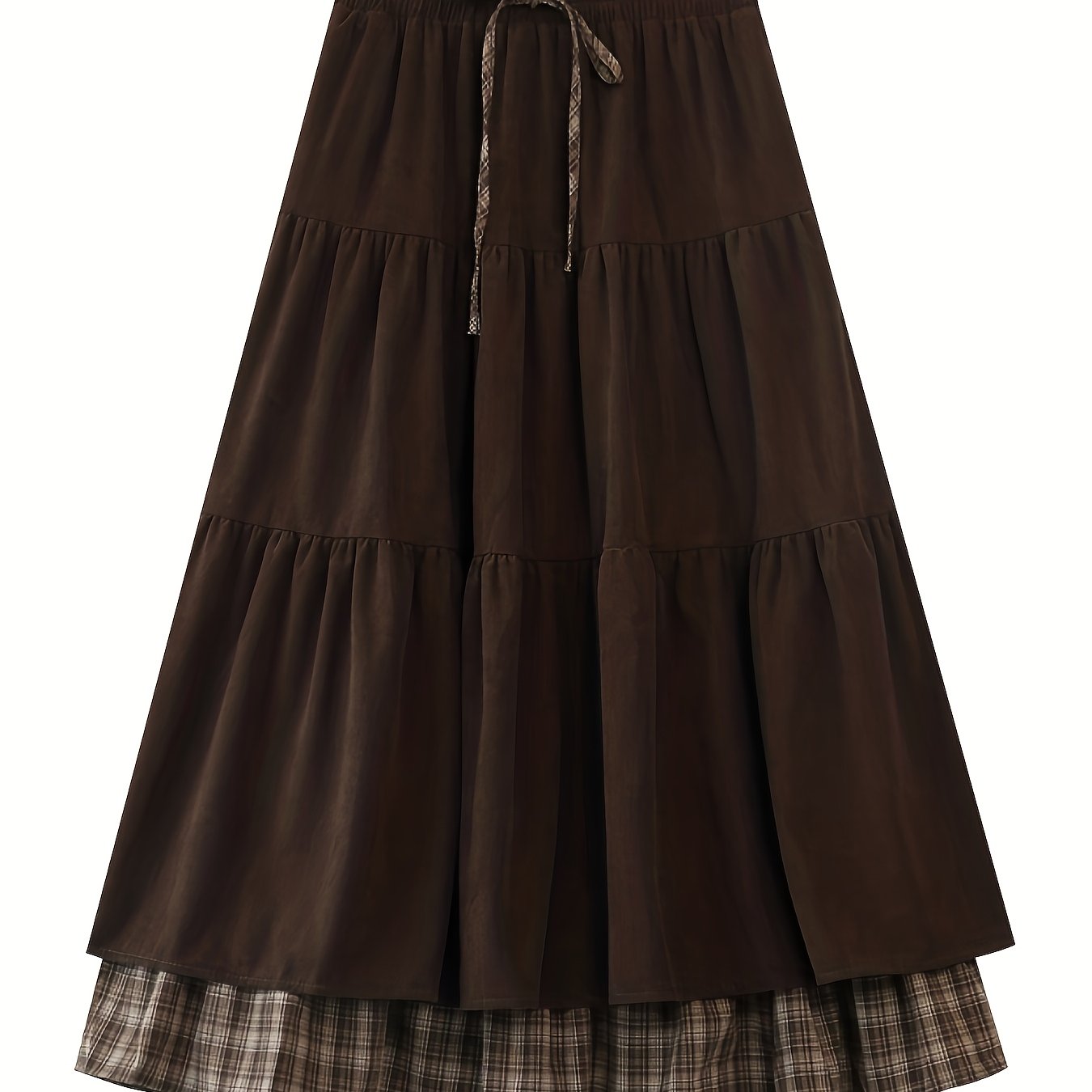 Women's floor-length tiered skirt with a checked underskirt and drawstring