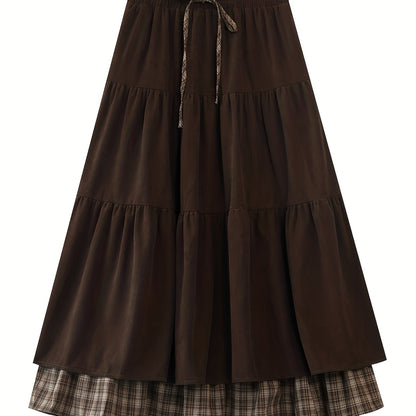 Women's floor-length tiered skirt with a checked underskirt and drawstring
