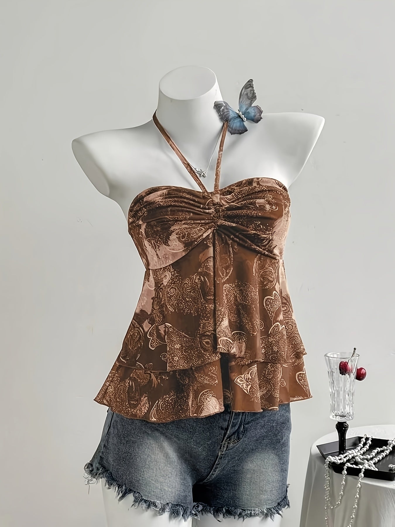 Women's Halterneck Top with Ruffles and Romantic Pattern – Ideal for Casual Wear and Summer