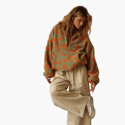 Women's Teddy Fleece Pullover with Floral Pattern – Cozy Boho Style for Leisure and Autumn