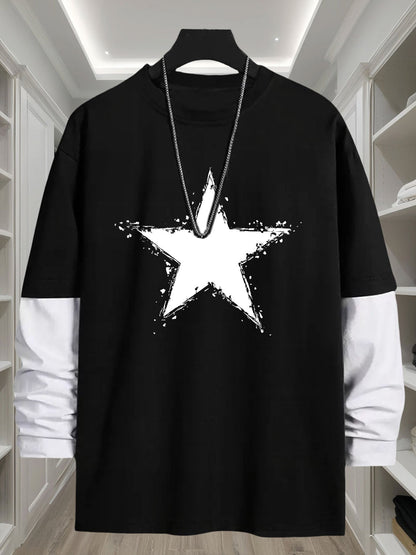 Men’s long-sleeve T-shirt with star print and contrast sleeves