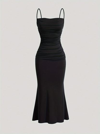 Women's evening dress with spaghetti straps and figure-flattering ruching – elegant maxi dress for festive occasions