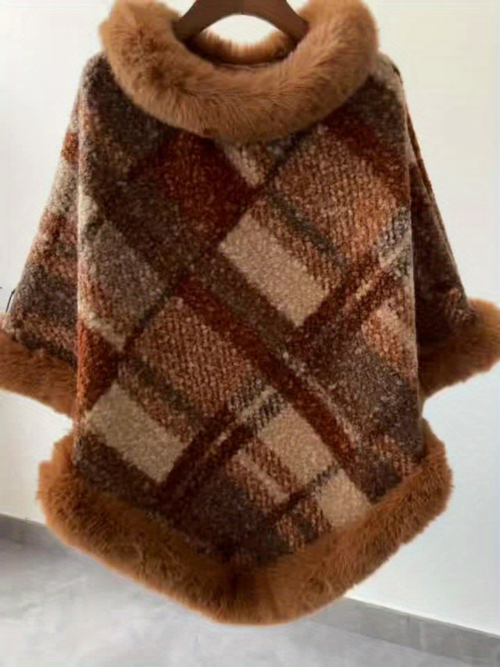 Damen Poncho mit Fellimitatbesatz, kariert, Braun/Grau
