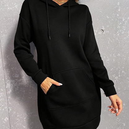 Damen Langarm Hoodie-Kleid mit Kapuze und Kängurutasche