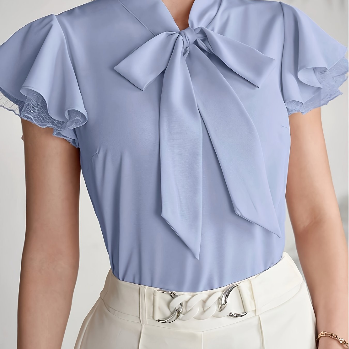 Women's blouse with bow and ruffle sleeves – Elegant office and casual style
