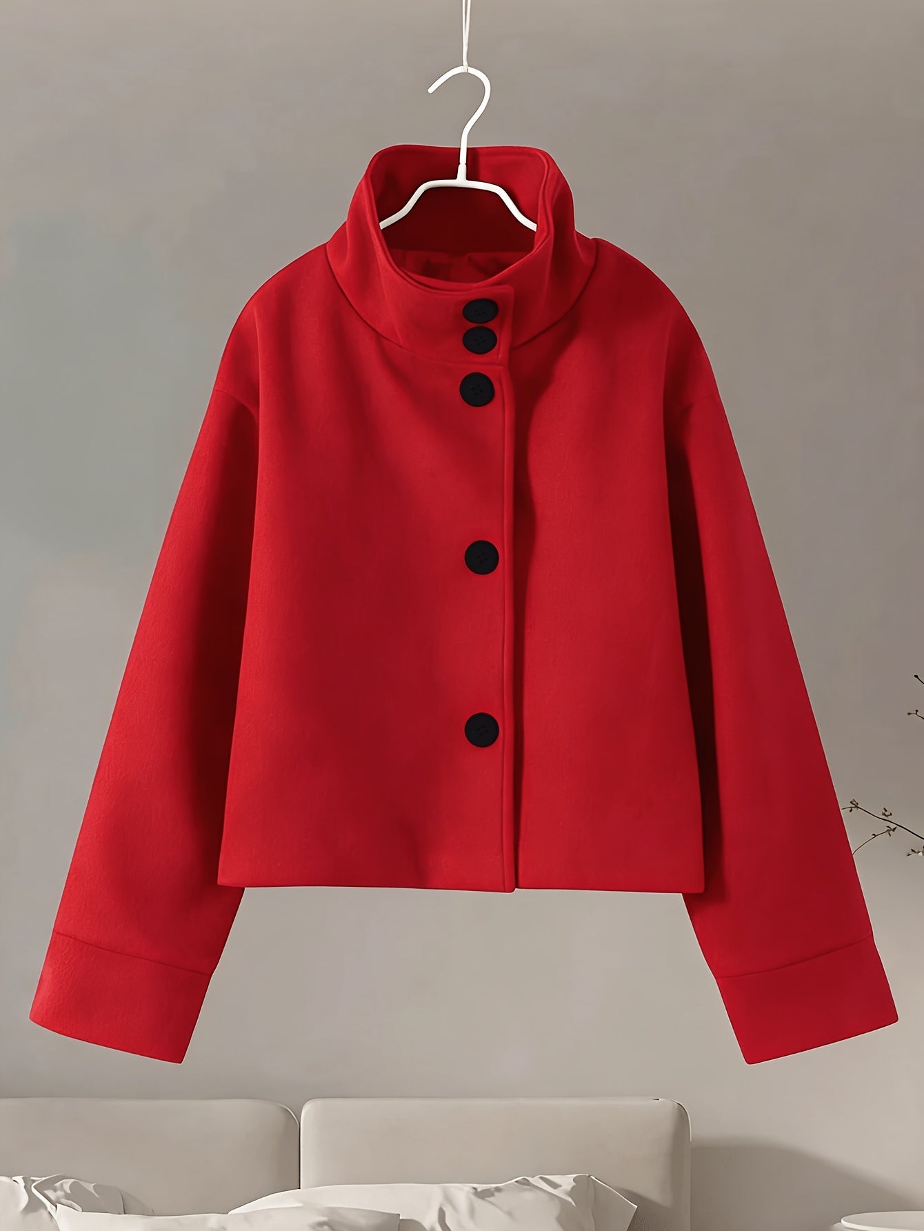 Women's short jacket with stand-up collar, button placket, relaxed fit