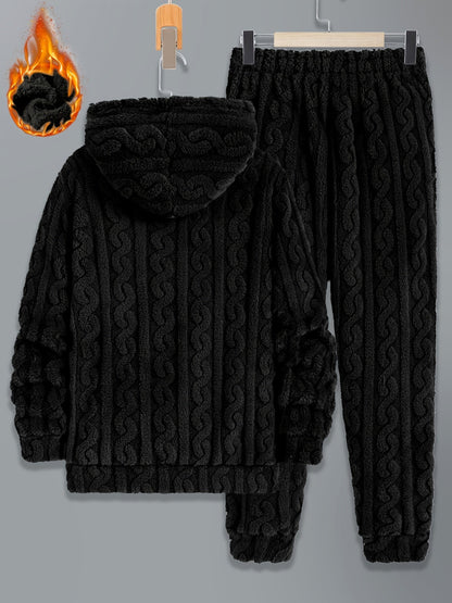 Men's cozy cable-knit tracksuit with hoodie and pants, soft & warm
