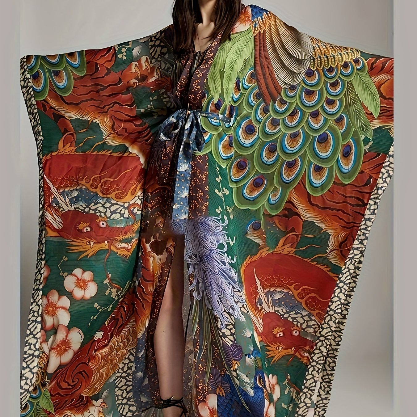 Women's Luxury Kimono Caftan Maxi Length with Oriental Print – Elegant Statement Look for Vacation & Evening