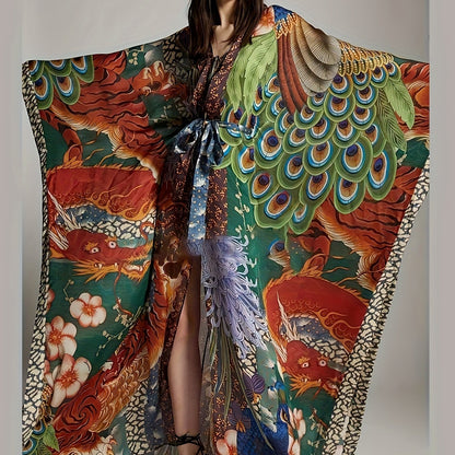 Women's Luxury Kimono Caftan Maxi Length with Oriental Print – Elegant Statement Look for Vacation & Evening