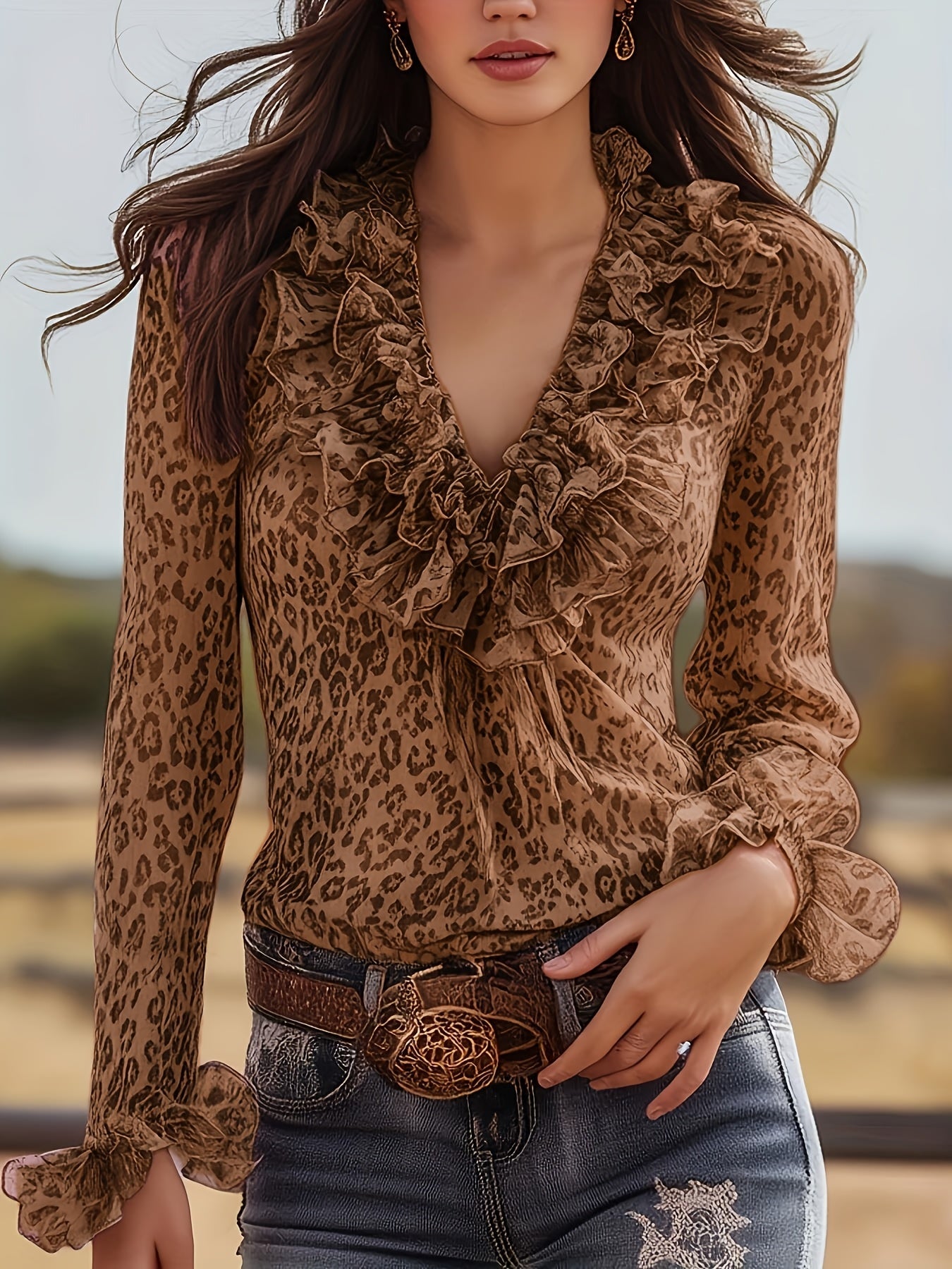 Women's blouse with leopard print and ruffled collar – elegant V-neck, perfect for casual wear and special occasions