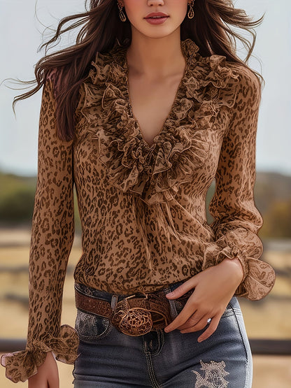 Women's blouse with leopard print and ruffled collar – elegant V-neck, perfect for casual wear and special occasions