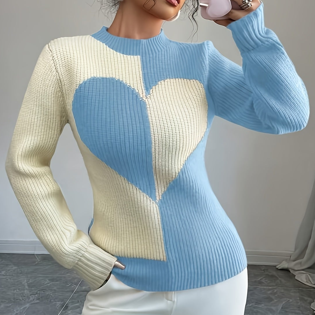 Women’s knitted pullover with heart pattern, crew neck, ribbed knit, long sleeves