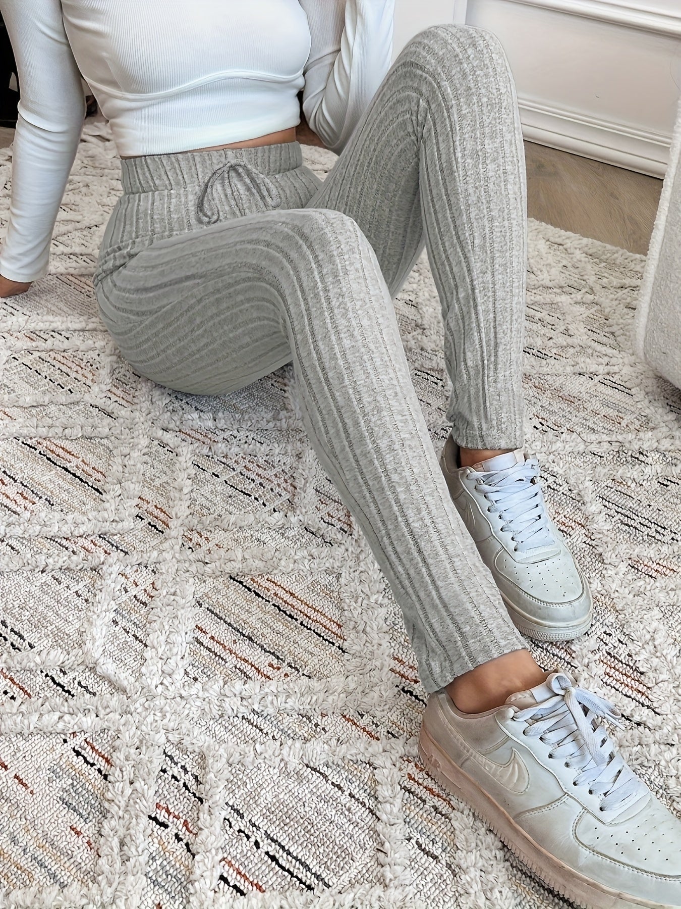 Gerippte Leggings für Damen mit hoher Taille und Kordelzug