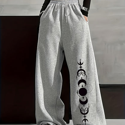 Wide-leg lounge pants with moon phase pattern, elastic waistband