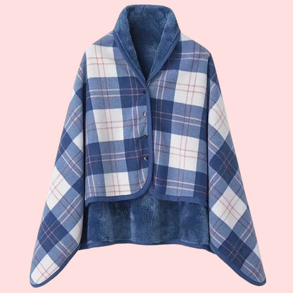 Women's Plaid Snap Button Fleece-Lined Poncho Cape