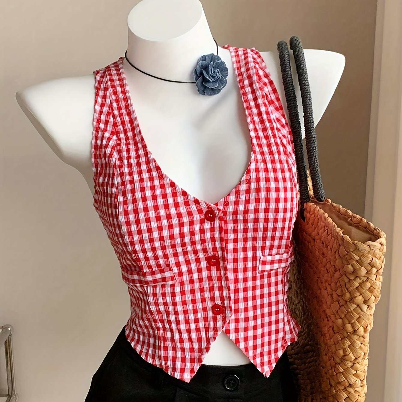 Women's Elegant Checked Vest in Vintage Style for Spring and Summer – Sleeveless, Short, Ideal for Everyday and Leisure Wear