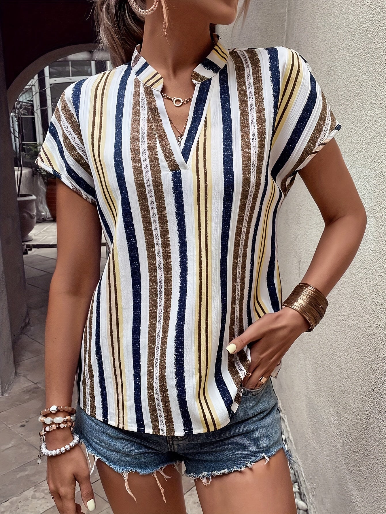 Women's summer blouse shirt with stripes and V-neck, elegant casual look